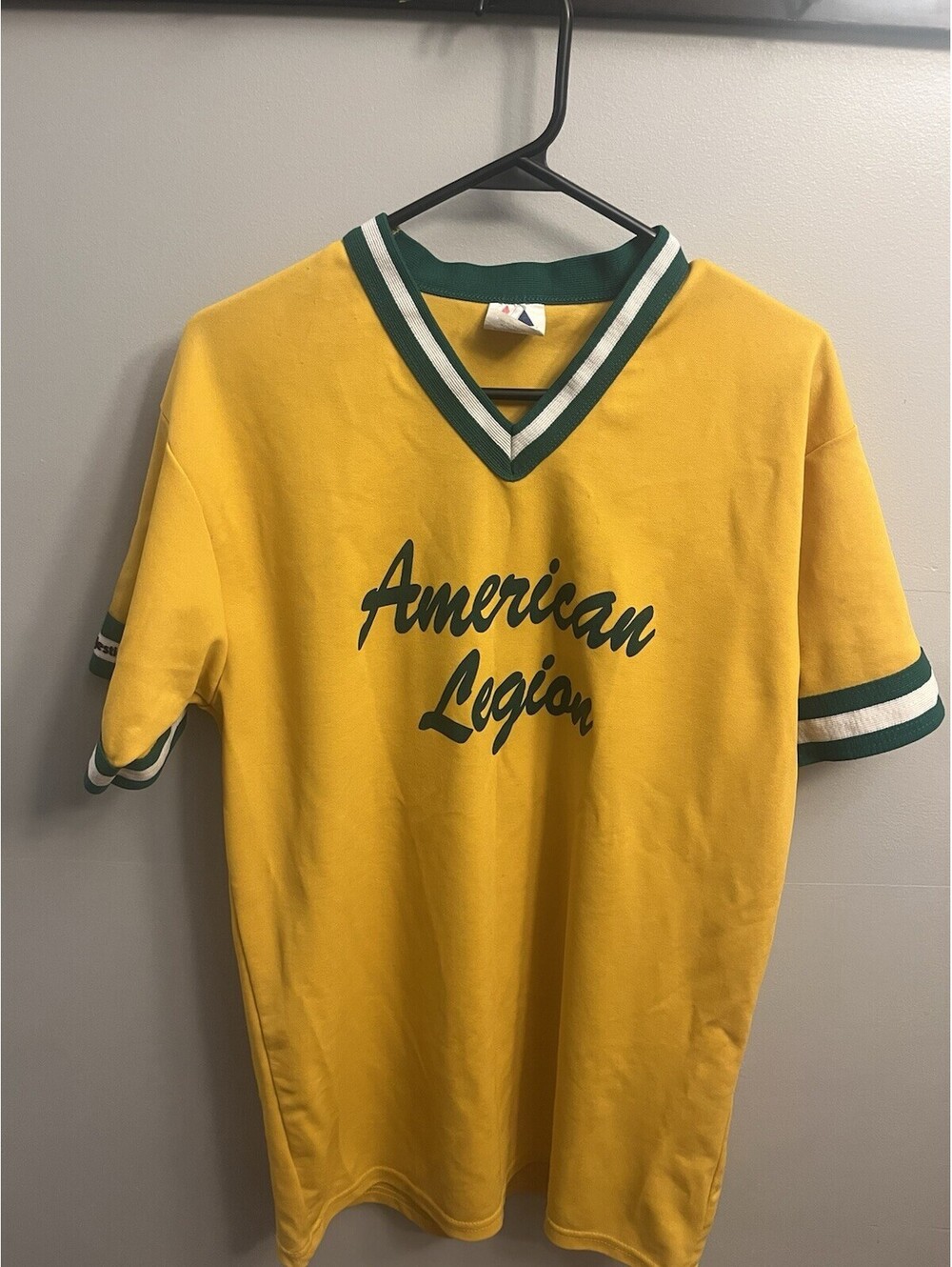 Vintage Majestic American Legion Baseball Jersey Yellow Green V-Neck Size L #9